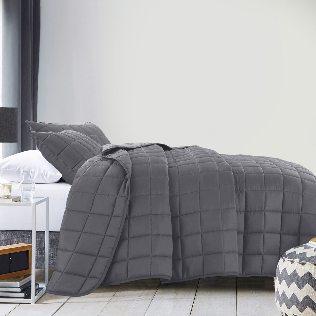 Coverlet Set Bedspread Soft Touch Easy Care Breathable 3 Piece Set - Queen - Charcoal