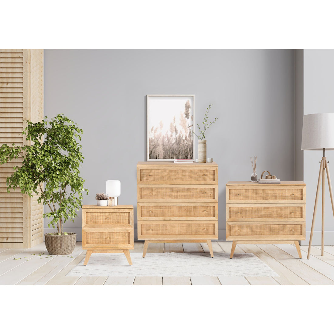 Storage Cabinet Buffet Chest of 3 Drawer Mango Wood Rattan Natural