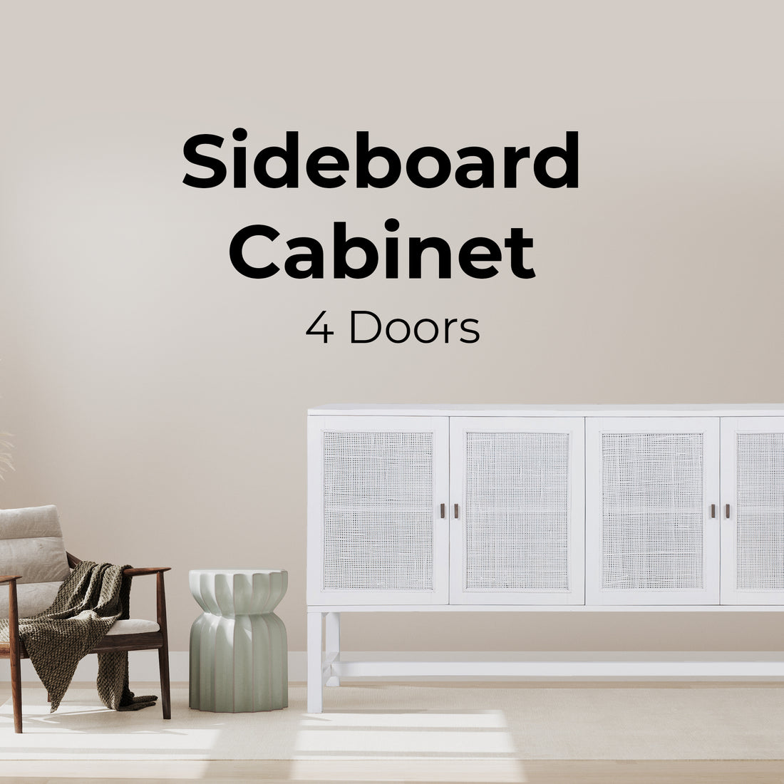 Sideboard Buffet Table 160cm 4 Door Mindi Wood Rattan - White