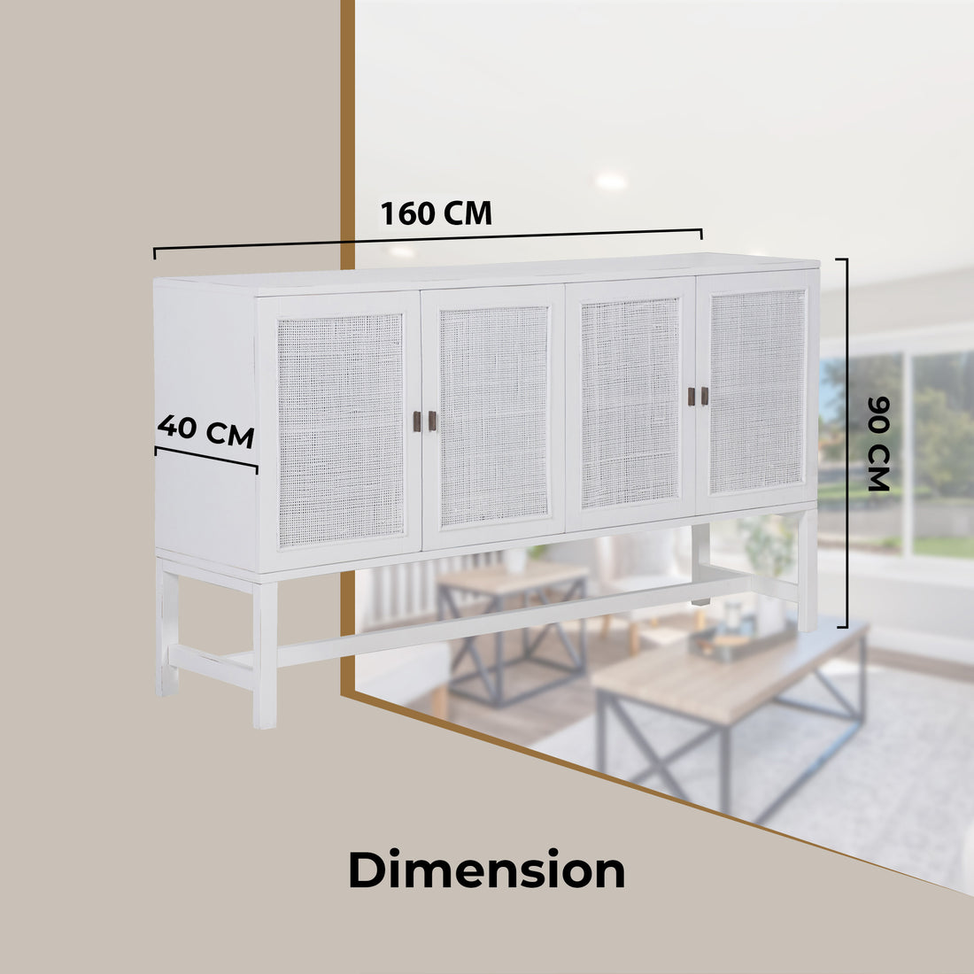 Sideboard Buffet Table 160cm 4 Door Mindi Wood Rattan - White