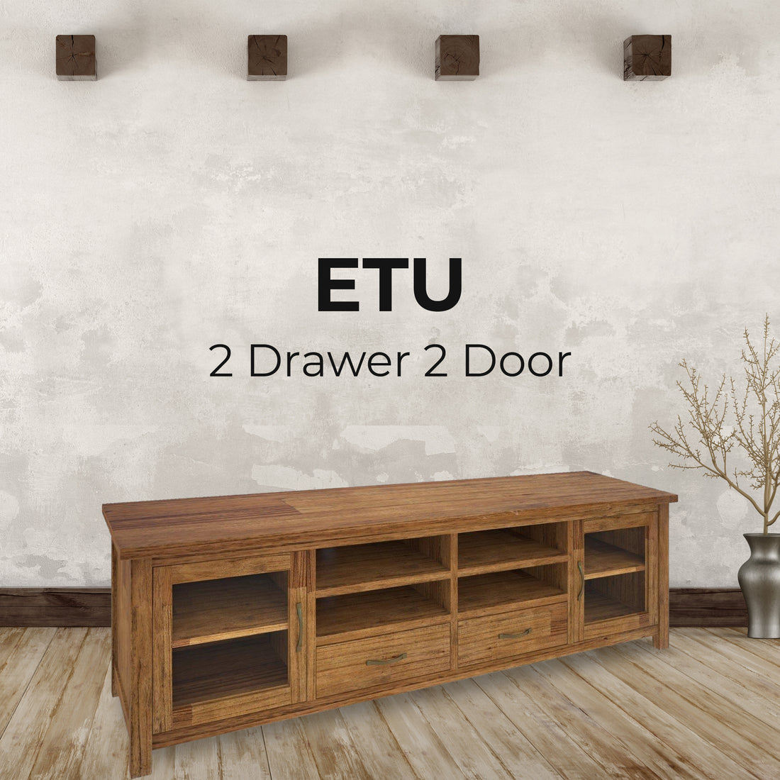 Birdsville Entertainment TV Unit 223cm 2 Door 2 Drawer Mt Ash Wood - Brown
