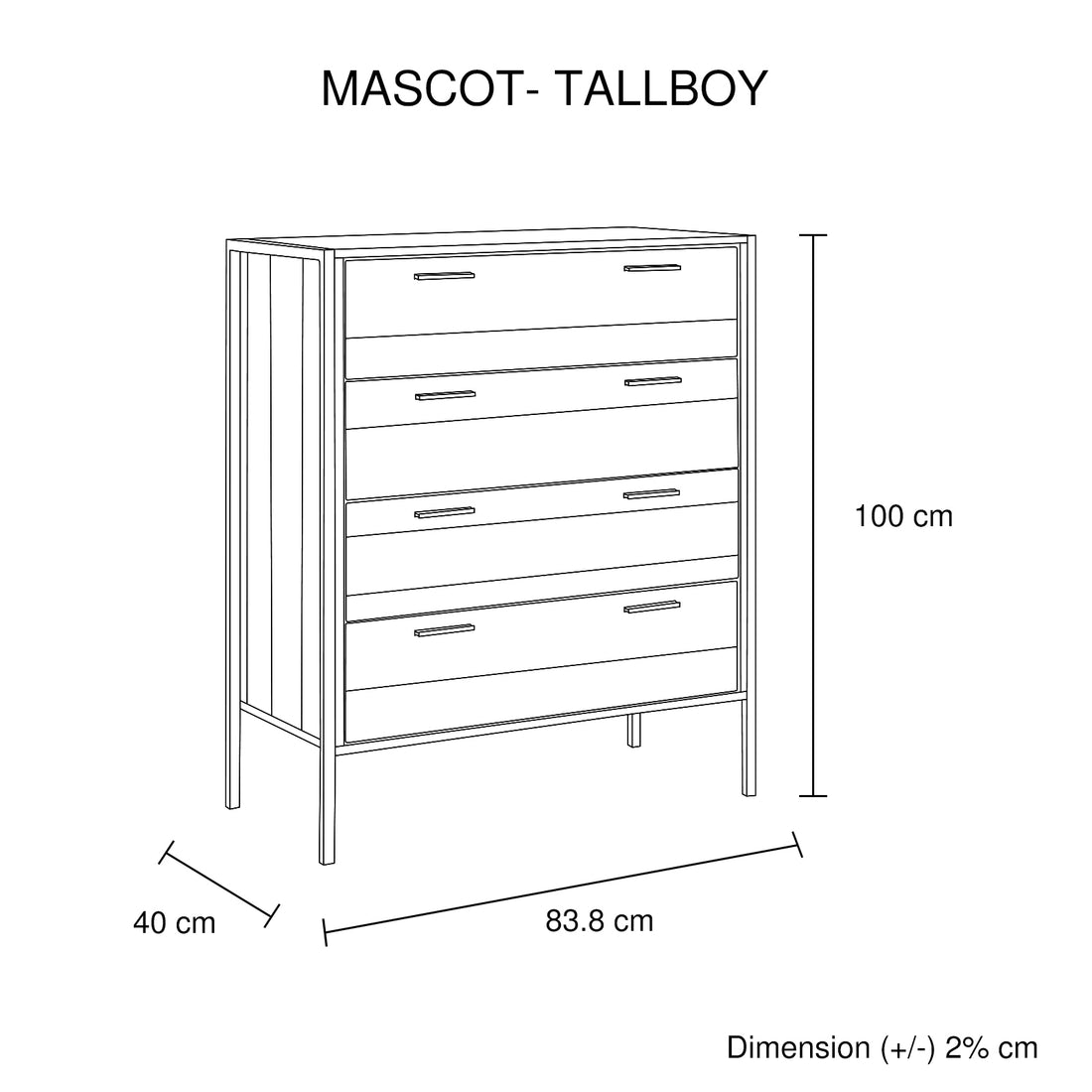4 Piece Bedroom Queen Suite Light Oak with Metal Legs - Bed, Bedside Table & Tallboy