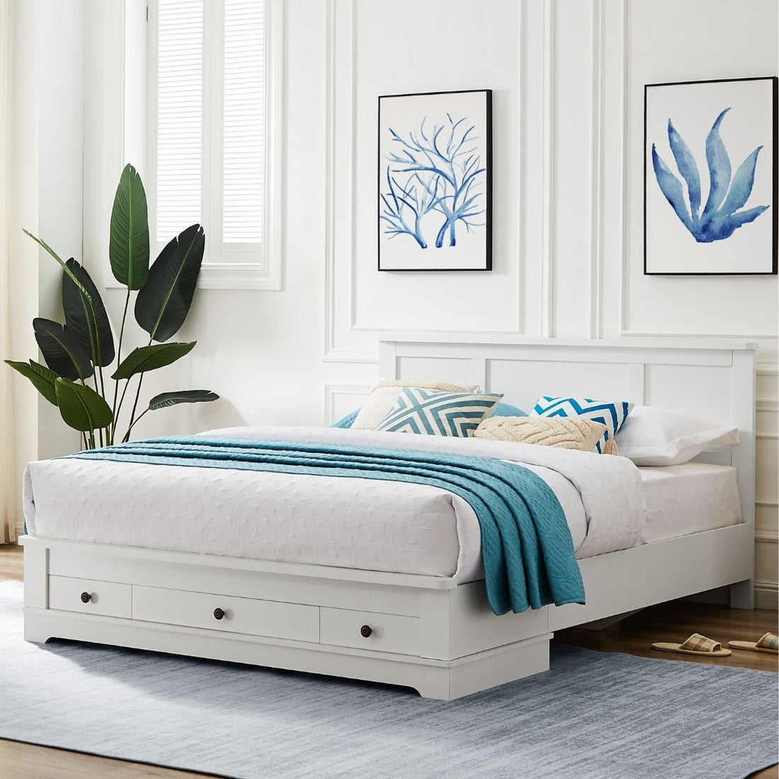 White Coastal Lifestyle Bedframe with Storage Drawers Queen