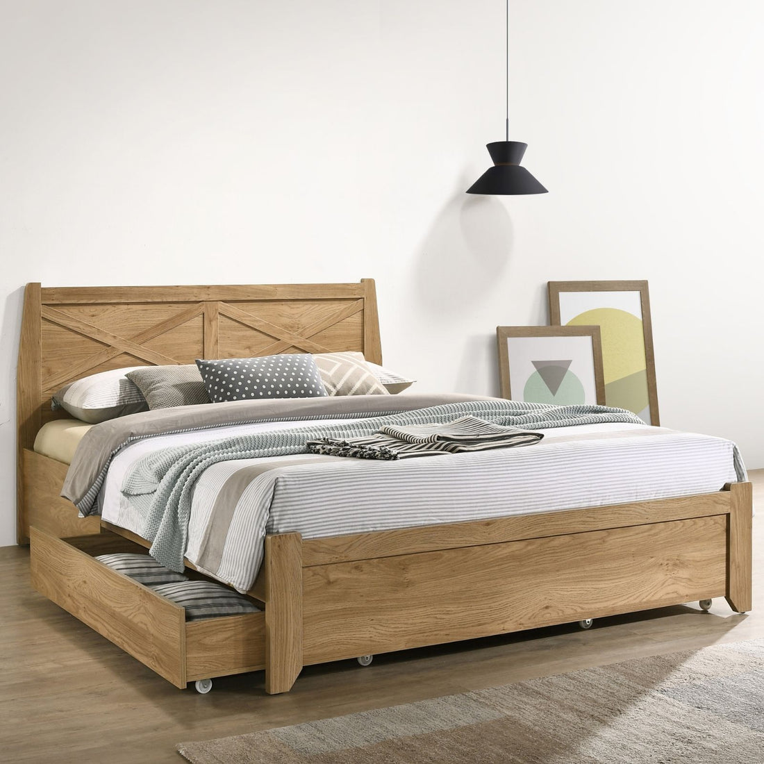Natural Wooden Bed Frame with Storage Drawers - King