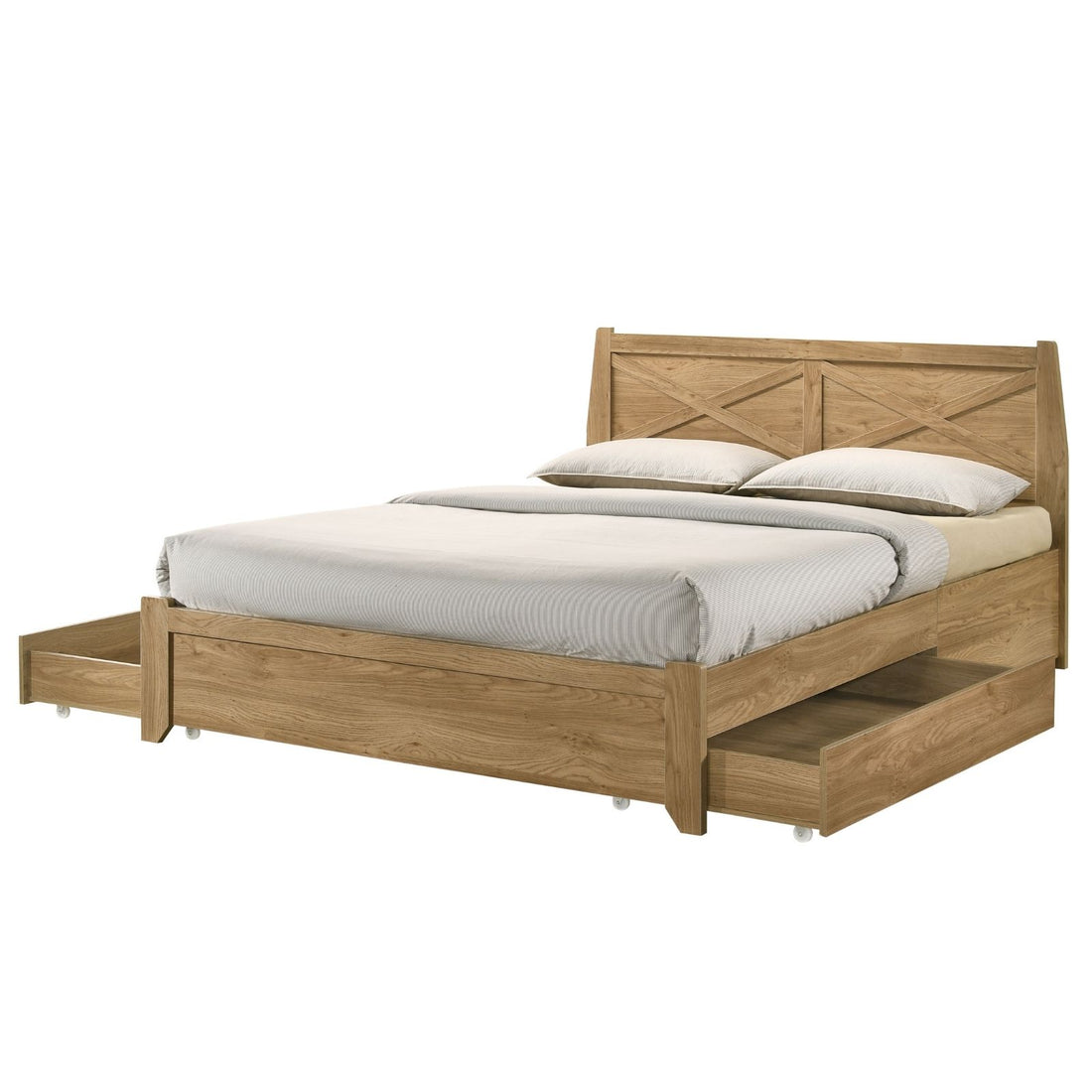Natural Wooden Bed Frame with Storage Drawers - Queen