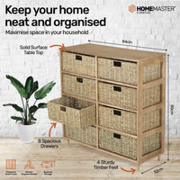 8 Drawer Natural Seagrass Wooden Storage Chest Stylish 85cm