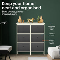 6 Drawer Pine Wood Storage Chest Grey Fabric Baskets 70 x 80cm